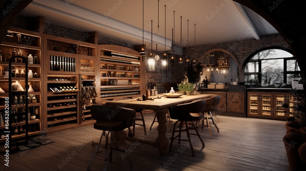 an AI image of a Scandinavian-inspired wine cellar with functional storage and elegant tasting areas