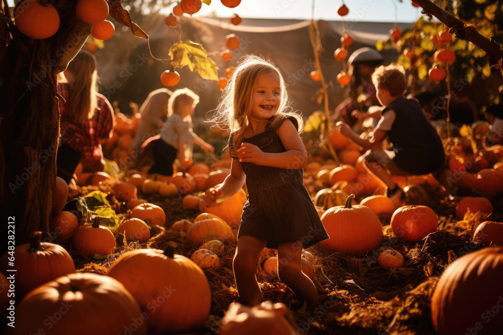 Naklejka premium Pumpkin patch with children picking pumpkins