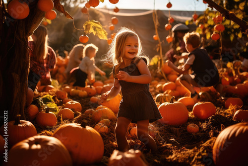 Pumpkin patch with children picking pumpkins