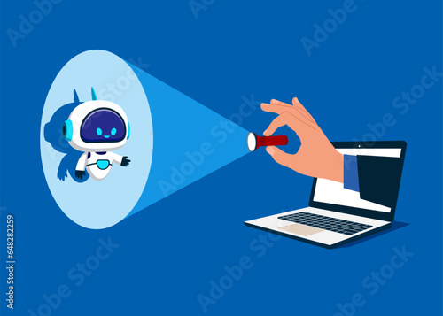 Flashlight uncovering hidden robot. AI assistant support. Modern vector illustration in flat style