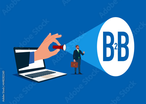 Hand with flashlight uncovering hidden business B2B concept. Vector illustration in flat style
