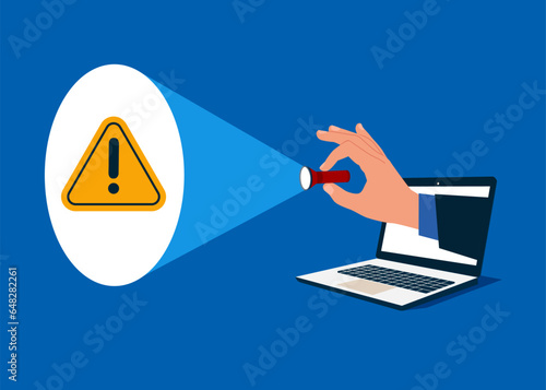 Identify risk. Hand with flashlight uncovering hidden exclamation attention sign. Modern vector illustration in flat style