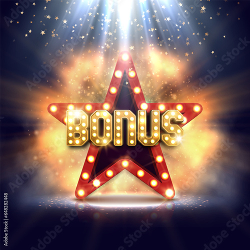 Shining sign Bonus with retro star on a bright background. Vector illustration.
