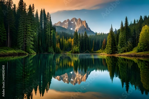 an image of a serene lake surrounded by dense, lush forests, with the reflection of the trees mirrored perfectly in the calm water