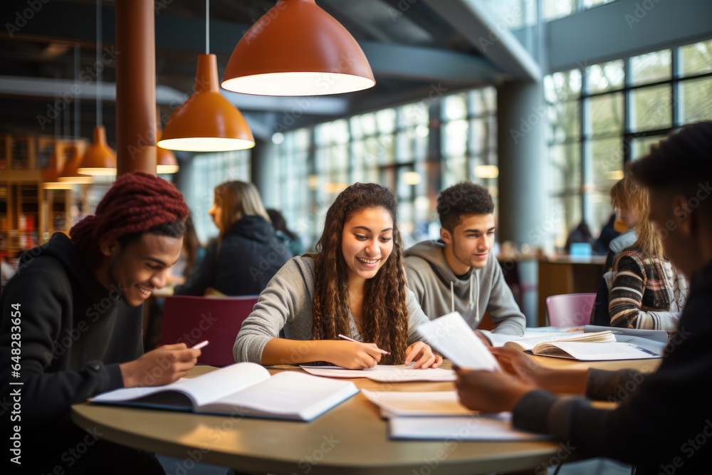 Diverse group of students studying together in a modern library ...