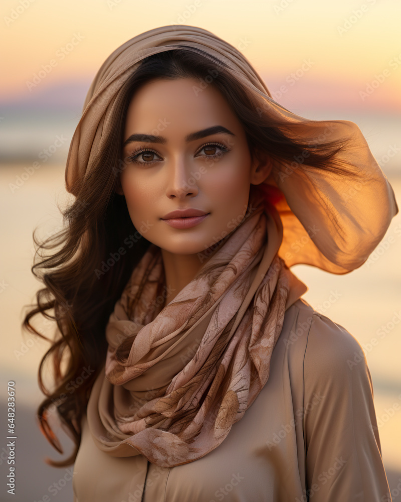 Beautiful woman with charming look wearing veil on beach with blurred background. Indonesian woman in pure elegance and charm amidst nature. Beautiful woman with charming look wearing veil on beach with blurred background. Indonesian woman in pure elegance and charm amidst nature.