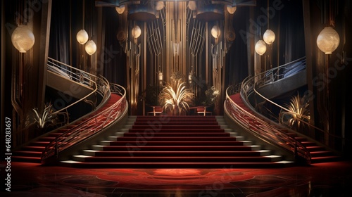 an Art Deco nightclub entrance with velvet ropes, marquee lights, and a dramatic stairway