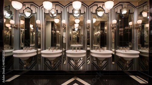 an Art Deco theater restroom with vintage fixtures, black and white tiles, and Art Deco vanity mirrors