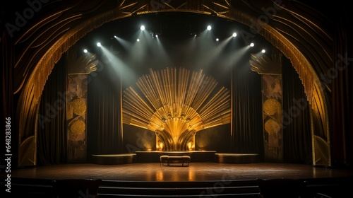 an Art Deco theater stage with opulent curtains  vintage props  and state-of-the-art lighting