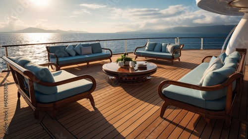 an Art Deco yacht deck with luxury lounges, teakwood accents, and panoramic ocean views © Wajid