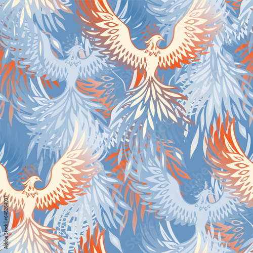 Seamless vector pattern with white and orange birds on a blue background.