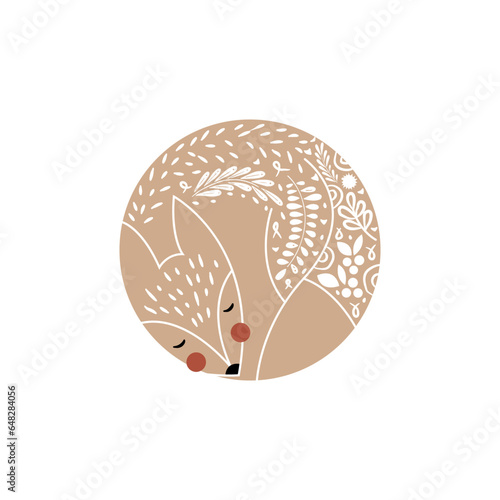Fox in floral ornament. Modern boho decorative linocut.