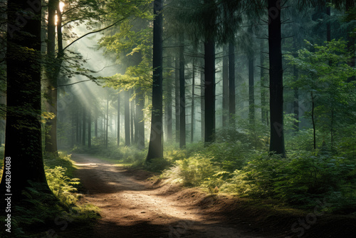 Forest scene with dappled sunlight filtering through the canopy