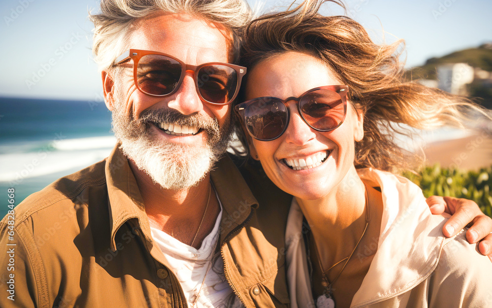 Perfect romantic couple smiling and relaxing while on vacation. Joyful middle aged couple, a man and woman, sharing a loving hug on a beach