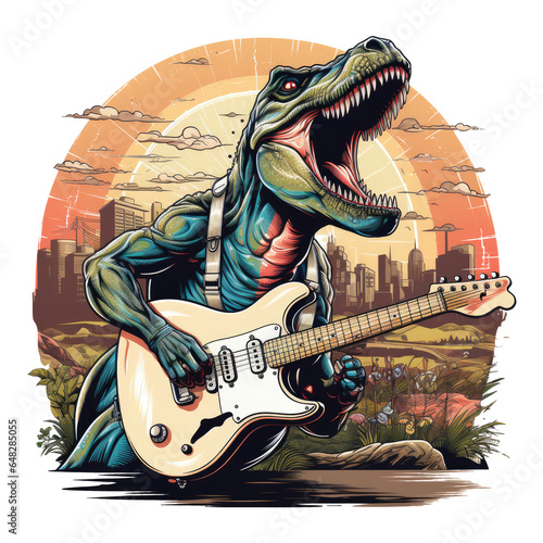 A dramatic moment where a T-Rex is rocking out on a rockabilly-themed stage, set against a backdrop of a retro city skyline at dusk, Generative Ai