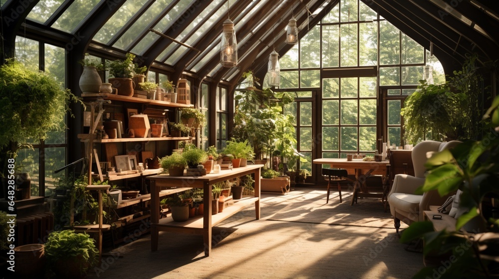 an image of a Scandinavian-inspired greenhouse interior with lush greenery and natural light