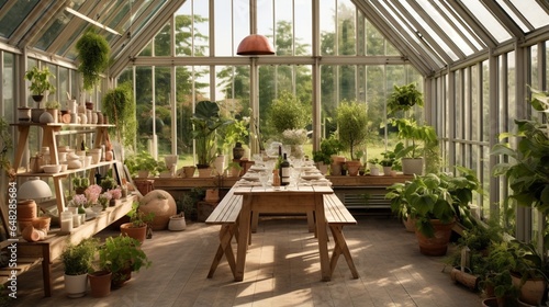an image of a Scandinavian-inspired greenhouse interior with lush greenery and natural light
