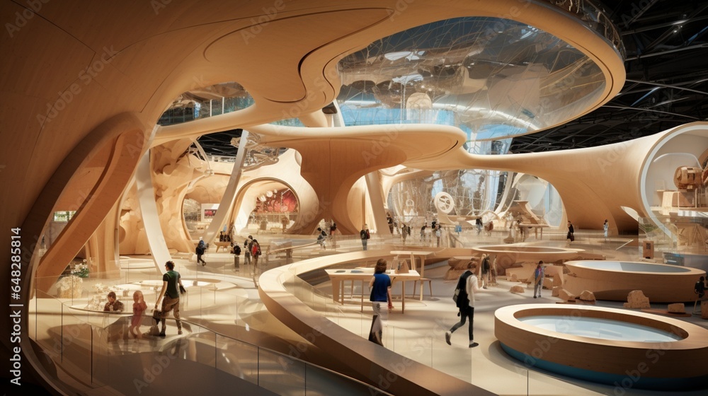 an image of a Scandinavian-inspired science museum with interactive exhibits and sustainable architecture