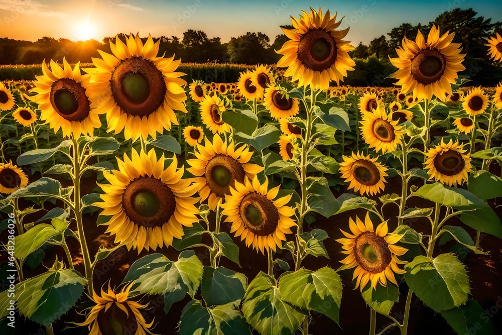 Sunflowers in a garden reach for the heavens, their bright yellow petals forming a sea of happiness. AI Generative