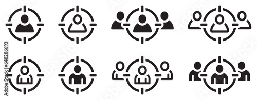 Set of target audience icon. Audience, advertising, customer focus, client, customer. Business target symbol, announcement, job. Vector.