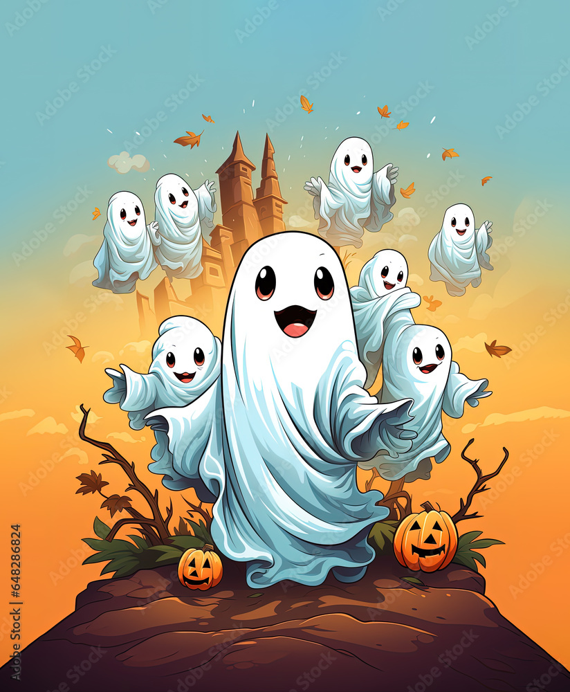 Obraz premium Cheerful friendly ghosts fly around the ancient castle. Halloween design, cartoon illustration, AI generated
