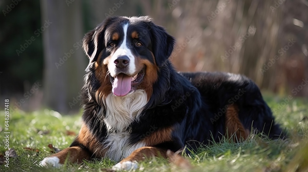 playful bernese dog in the park, lawn, yard, field, grass