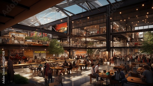 a contemporary urban market with artisanal food vendors, communal dining areas, and live entertainment