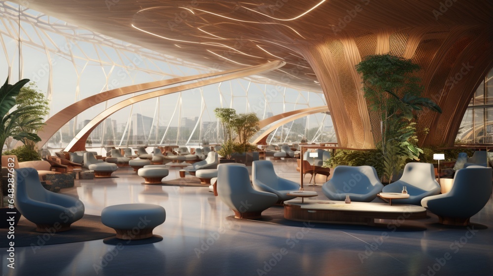 a modern airport lounge with comfortable seating, digital amenities, and a serene atmosphere