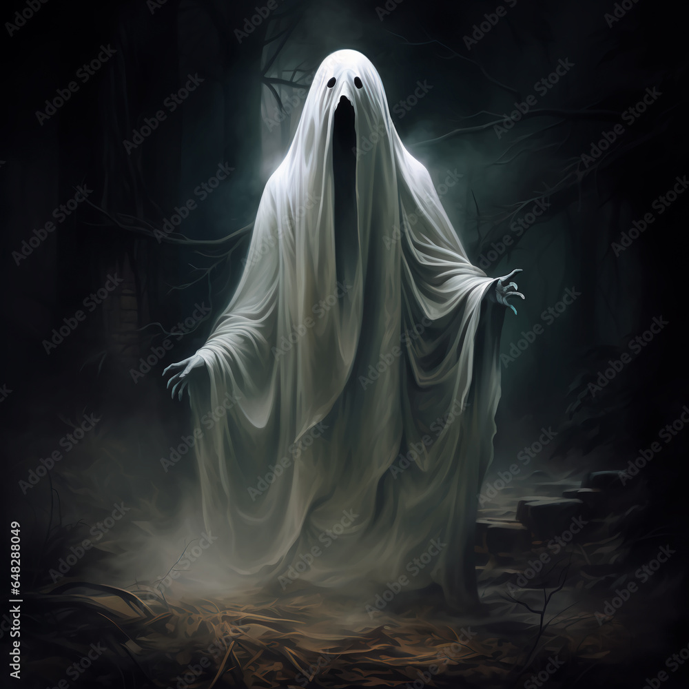 A scary ghost on Halloween. A white ghost in the forest A scary ghost on Halloween. A white ghost in the forest