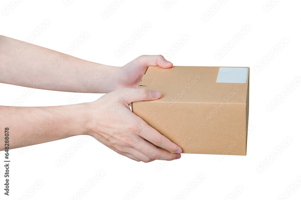 Hand holding parcel box isolated on white background. Hand holding parcel box isolated on white background.