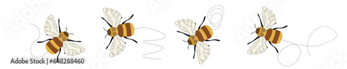 Set of cartoon bee mascot. A small bees flying on a dotted route. Wasp collection. Vector characters. Incest icon. Template design for invitation, cards. Doodle style