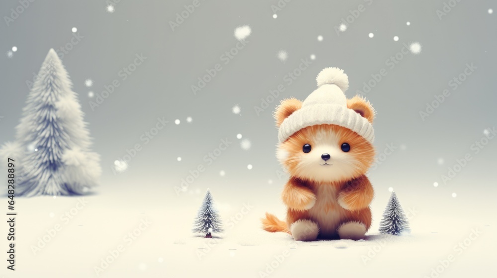 A bear wearing a hat sitting in the snow