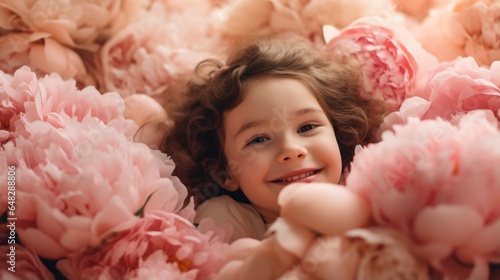 A little girl laying in a bed of pink flowers © Maria Starus