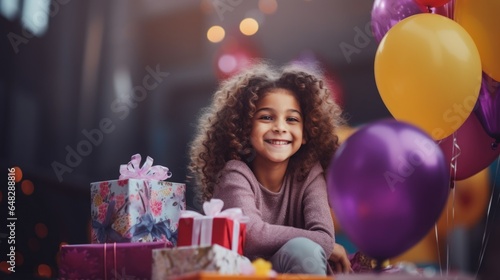 A little girl sitting on a table with balloons and presents