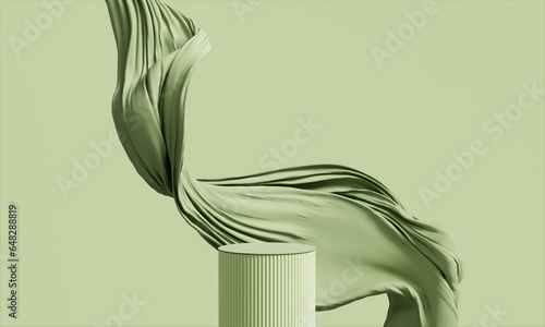 3D display podium, green background with round frame pedestal and flying silk cloth curtain.Nature  wind. Beauty, cosmetic product presentation stand. Luxury feminine  template 3d render advertisement