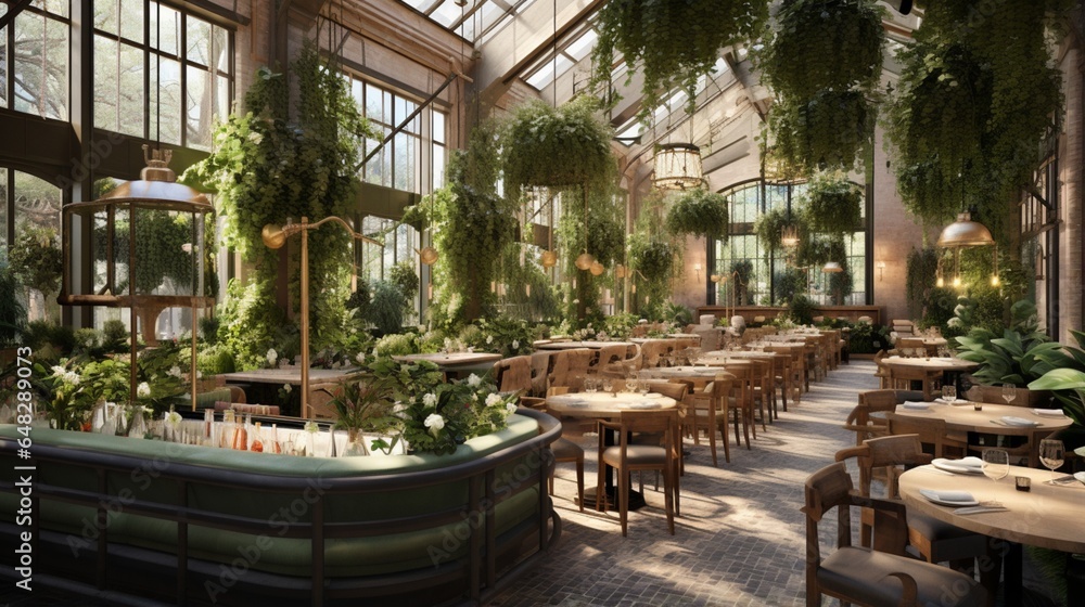 Fototapeta premium a modern greenhouse restaurant with lush plants, glass ceilings, and farm-to-table dining