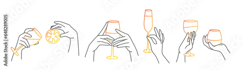 Set of male and female hands holding glasses.