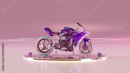 Advertising concept. A diamond motorbike rotates on a round shiny platform. Purple pink neon color. 3D animation  photo