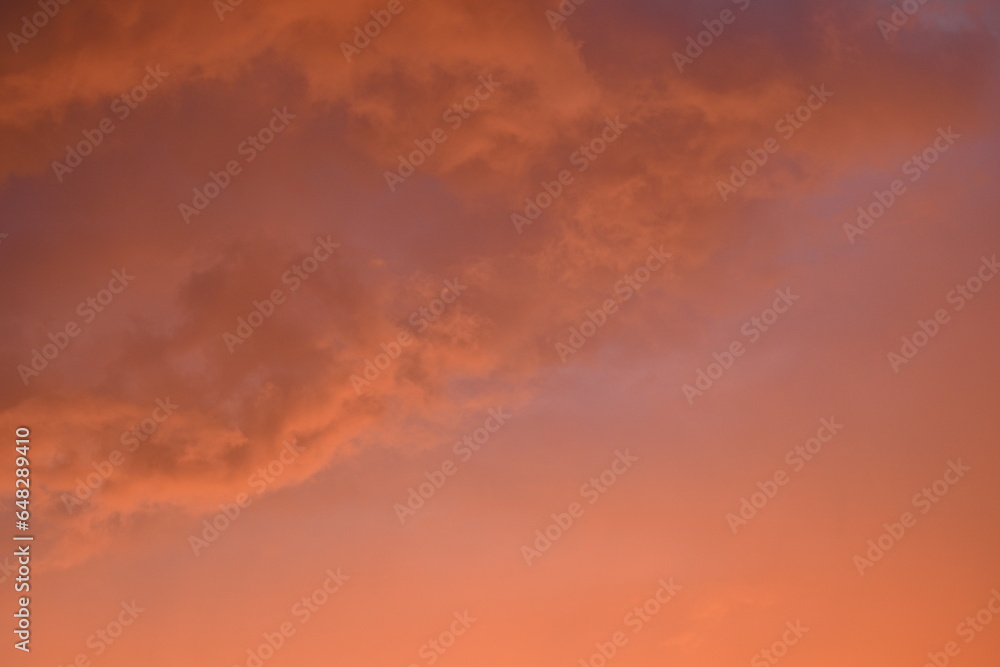 evening sunset, rays of the sun through cirrus pink clouds against the background of the sunset sky,	
