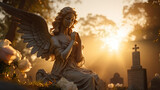 Angel statue at sunset at the cemetery