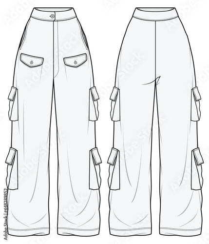 Wide Leg Cargo Pant  Front and Back View. Fashion Illustration, Vector, CAD, Technical Drawing, Flat Drawing, Template, Mockup.
