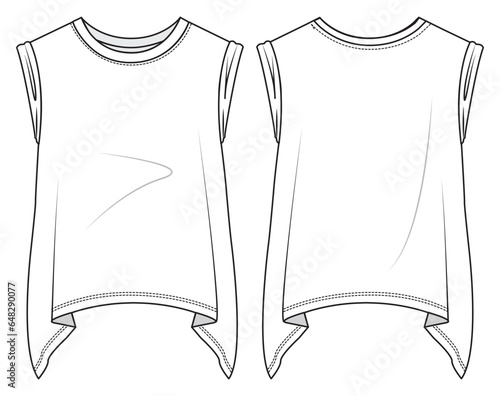 Asymmetric Handkerchief Side Long Hem T-shirt Top  Fashion Flat Sketch Vector Illustration, CAD, Technical Drawing, Flat Drawing, Template, Mockup.