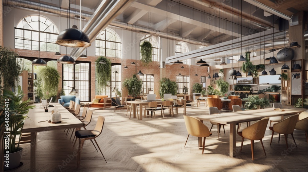 a Scandinavian-inspired co-working space with ergonomic furniture and a communal atmosphere