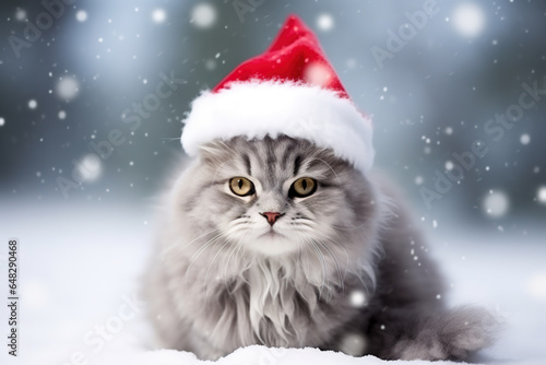 White fluffy cat in a christmas outfit outside in the snow.