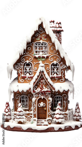 a gingerbread house with snow falling on the roof isolated on a transparent background, generative ai