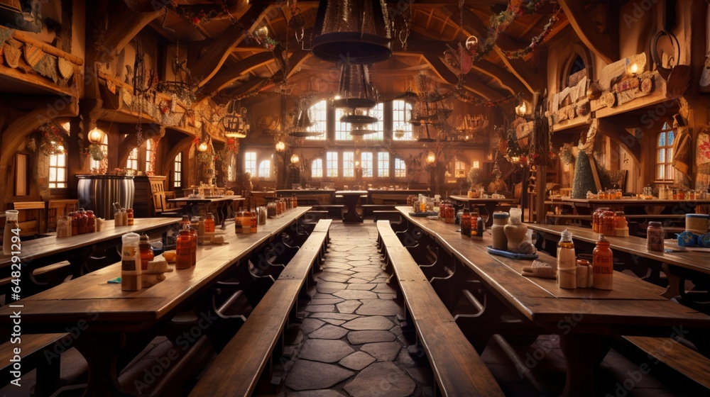 a traditional Bavarian beer hall with long wooden tables, beer steins, and Bavarian flags