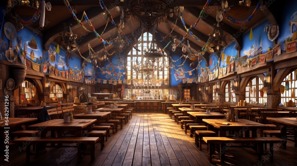 a traditional Bavarian beer hall with long wooden tables, beer steins, and Bavarian flags