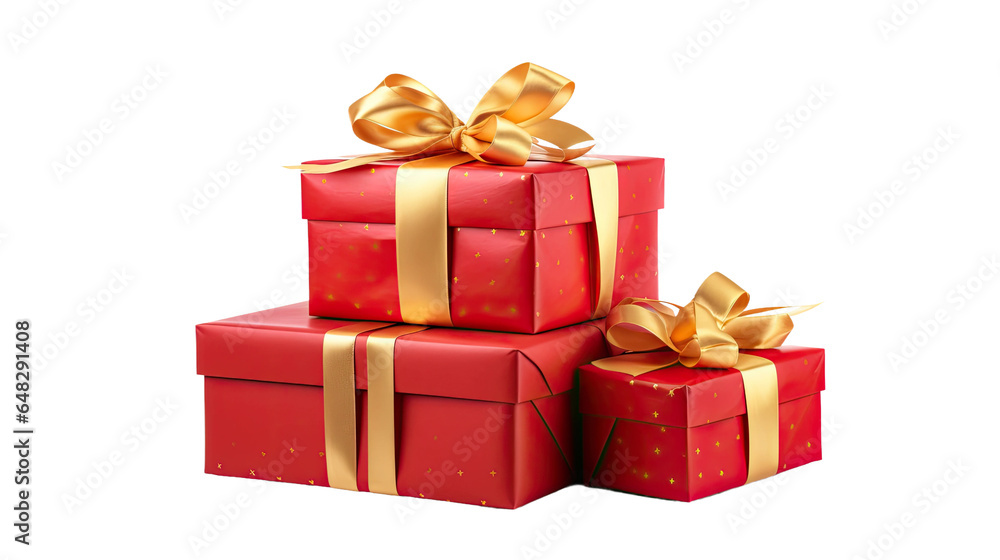 Obraz premium a stack of brightly wrapped gifts tied with a red bow isolated on a transparent background, generative ai