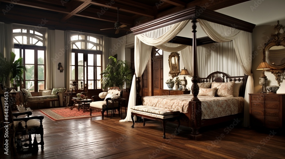 a traditional colonial-style bedroom with canopy beds, colonial-era decor, and dark wood furnishings - obrazy, fototapety, plakaty 