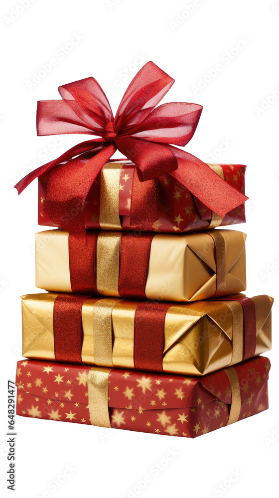 Fototapeta premium a stack of wrapped christmas presents tied with a bow isolated on a transparent background, generative ai